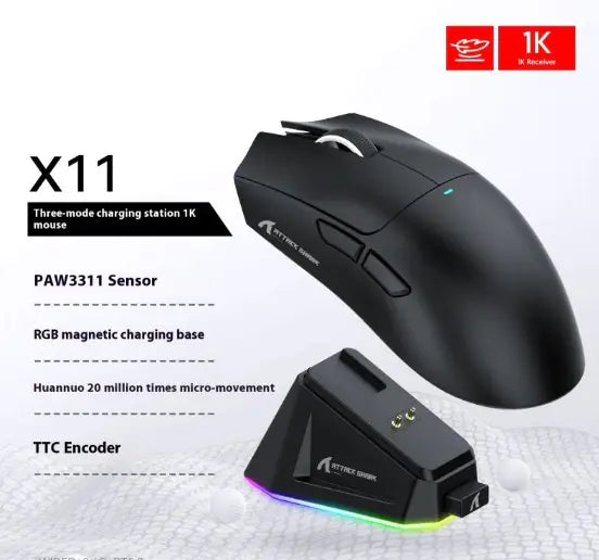ATTACK SHARK X11 gaming mouse with charging base